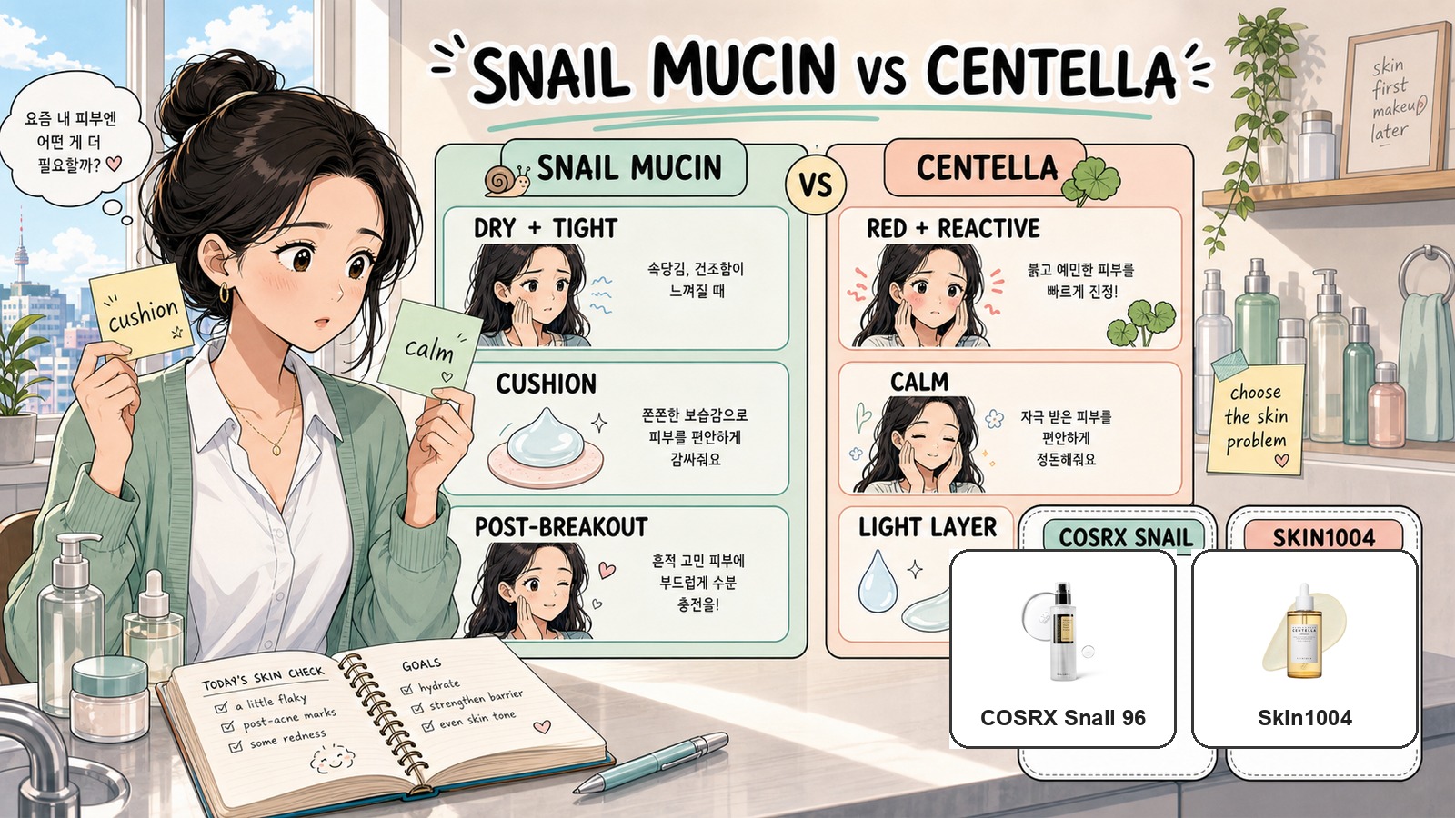Webtoon comparison of snail mucin vs centella with real COSRX and Skin1004 product images