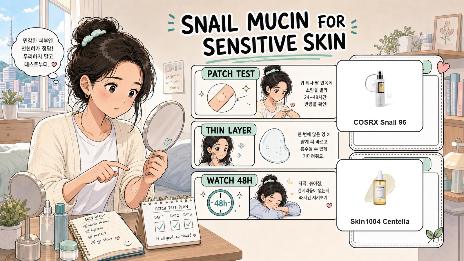 Webtoon guide to using snail mucin for sensitive skin with real COSRX and Skin1004 product images