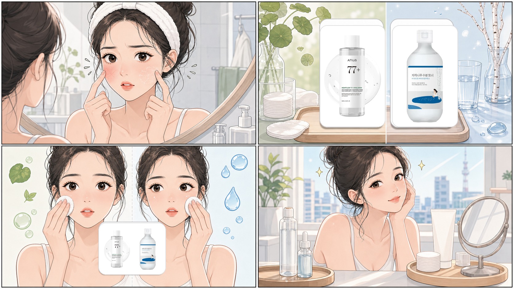Webtoon comparison of Anua Heartleaf Toner vs Round Lab Birch Juice Toner with real product images