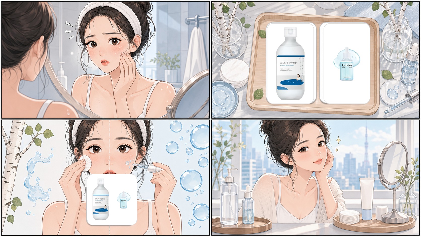Webtoon comparison of Round Lab Birch Toner vs Torriden Dive-In Serum with real product images