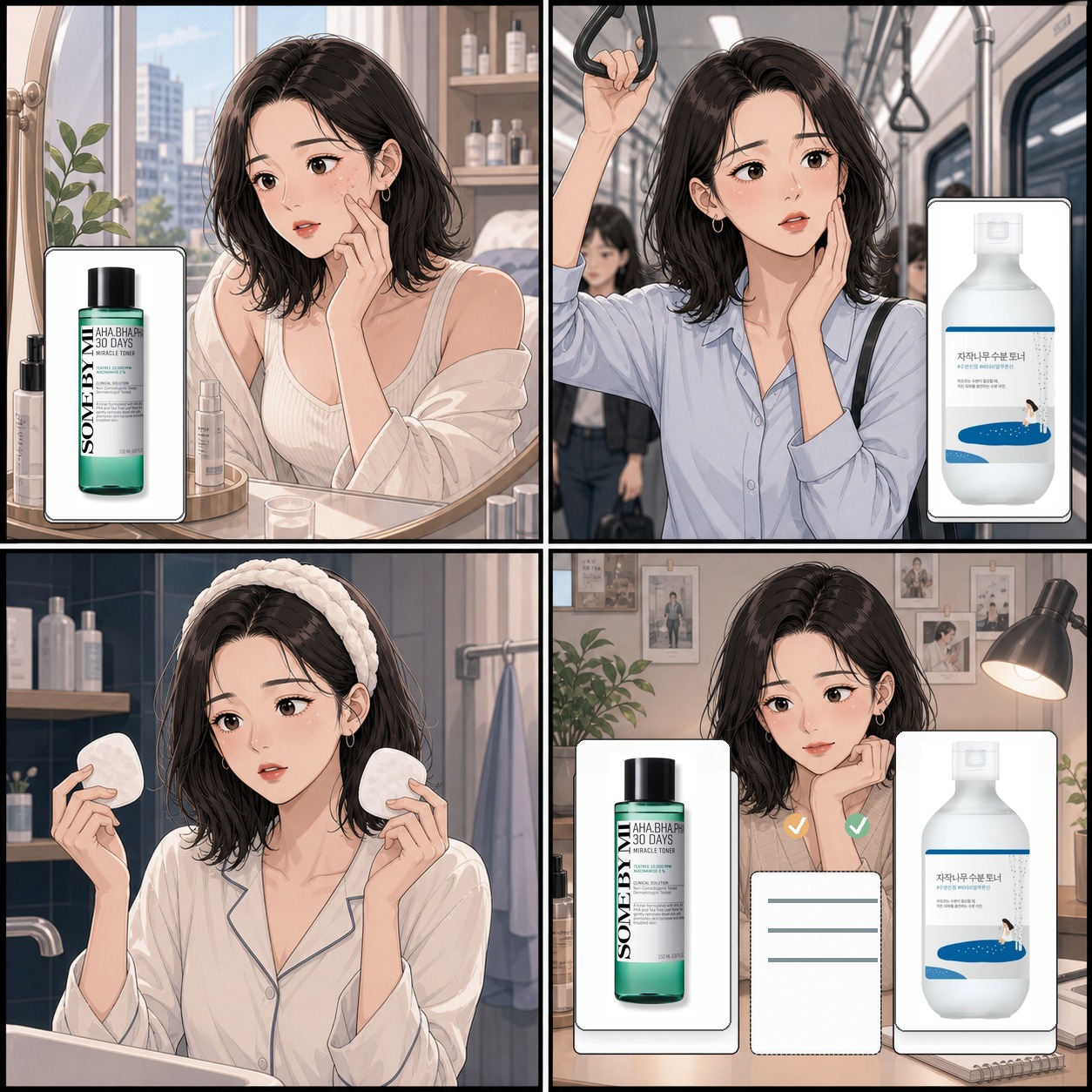 Webtoon comparison of Some By Mi Toner vs Round Lab Birch Toner with real product images