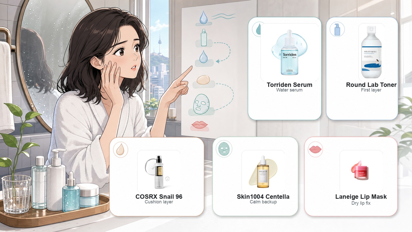 Webtoon guide to the best Korean skincare for dehydrated skin on Amazon with Torriden, Round Lab, COSRX, Skin1004, and Laneige product images