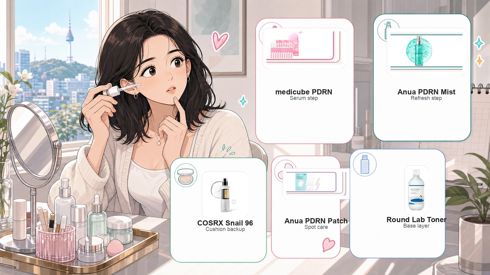 Webtoon guide to the best PDRN skincare on Amazon with medicube PDRN serum, Anua PDRN mist, Anua PDRN patch, COSRX Snail Mucin, and Round Lab toner product images