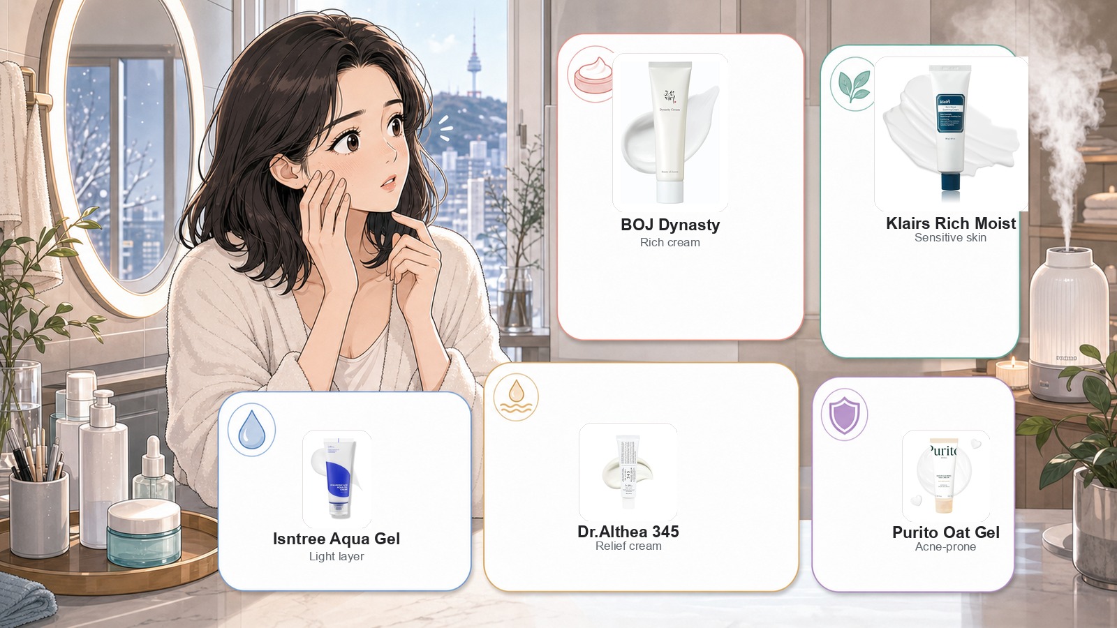 Webtoon guide to the best Korean moisturizer for dry skin on Amazon with Beauty of Joseon, Klairs, Isntree, Dr.Althea, and Purito product images