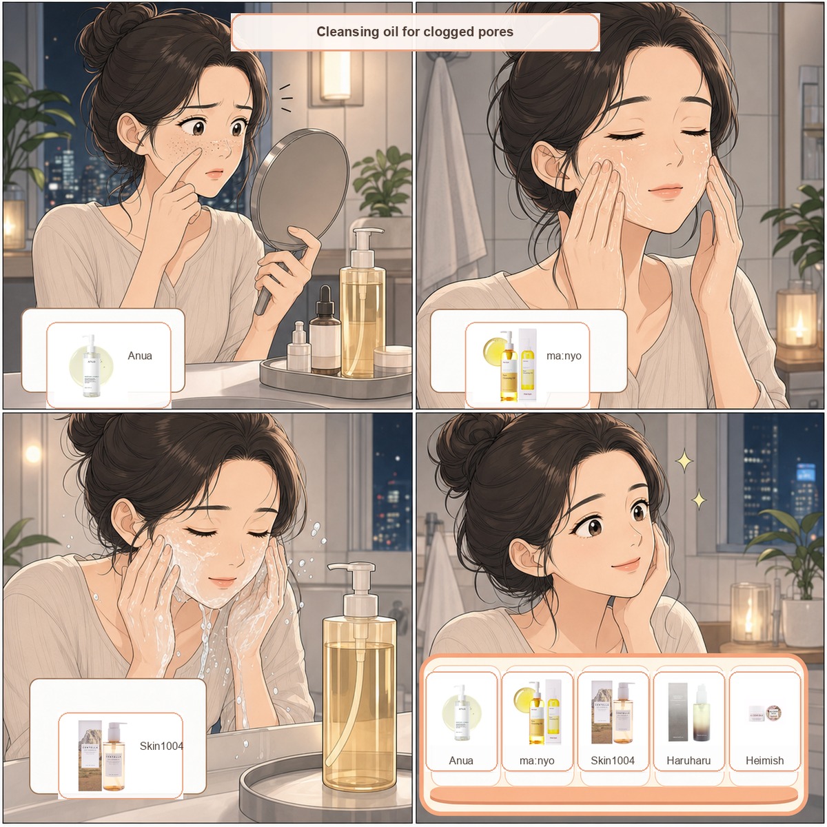 Webtoon comic of a Korean woman choosing the best Korean cleansing oil for blackheads and sunscreen removal on Amazon with Anua, ma:nyo, Skin1004, Haruharu, and Heimish products