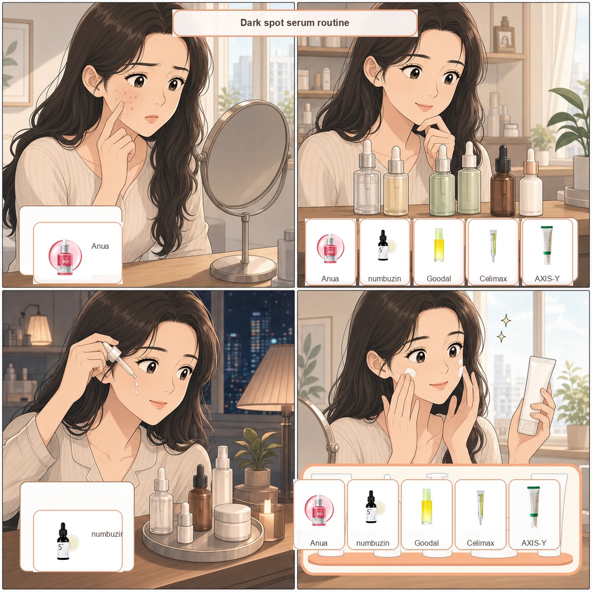 Minji choosing Korean dark spot serums for post-acne marks and uneven tone