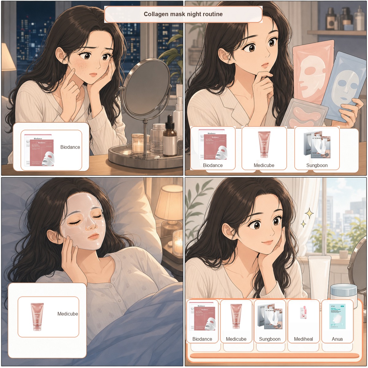 Webtoon comic of a Korean woman choosing the best Korean collagen mask on Amazon with Biodance, Medicube, Sungboon, Mediheal, and Anua product images