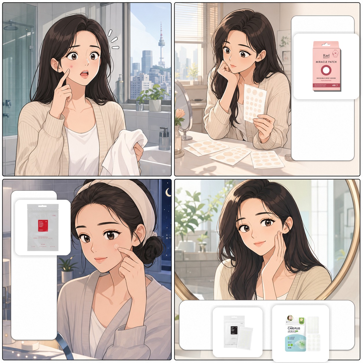Webtoon comic of a Korean woman choosing the best Korean pimple patch on Amazon with Rael, COSRX, and Olive Young Care Plus acne patch product images