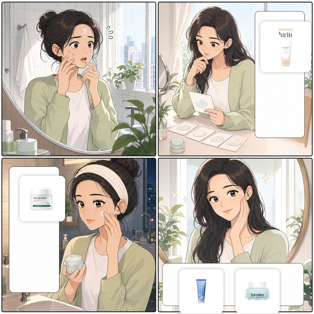 Webtoon comic of a Korean woman choosing the best Korean moisturizer for acne-prone skin on Amazon with PURITO, Dr.G, AESTURA, and Torriden product images