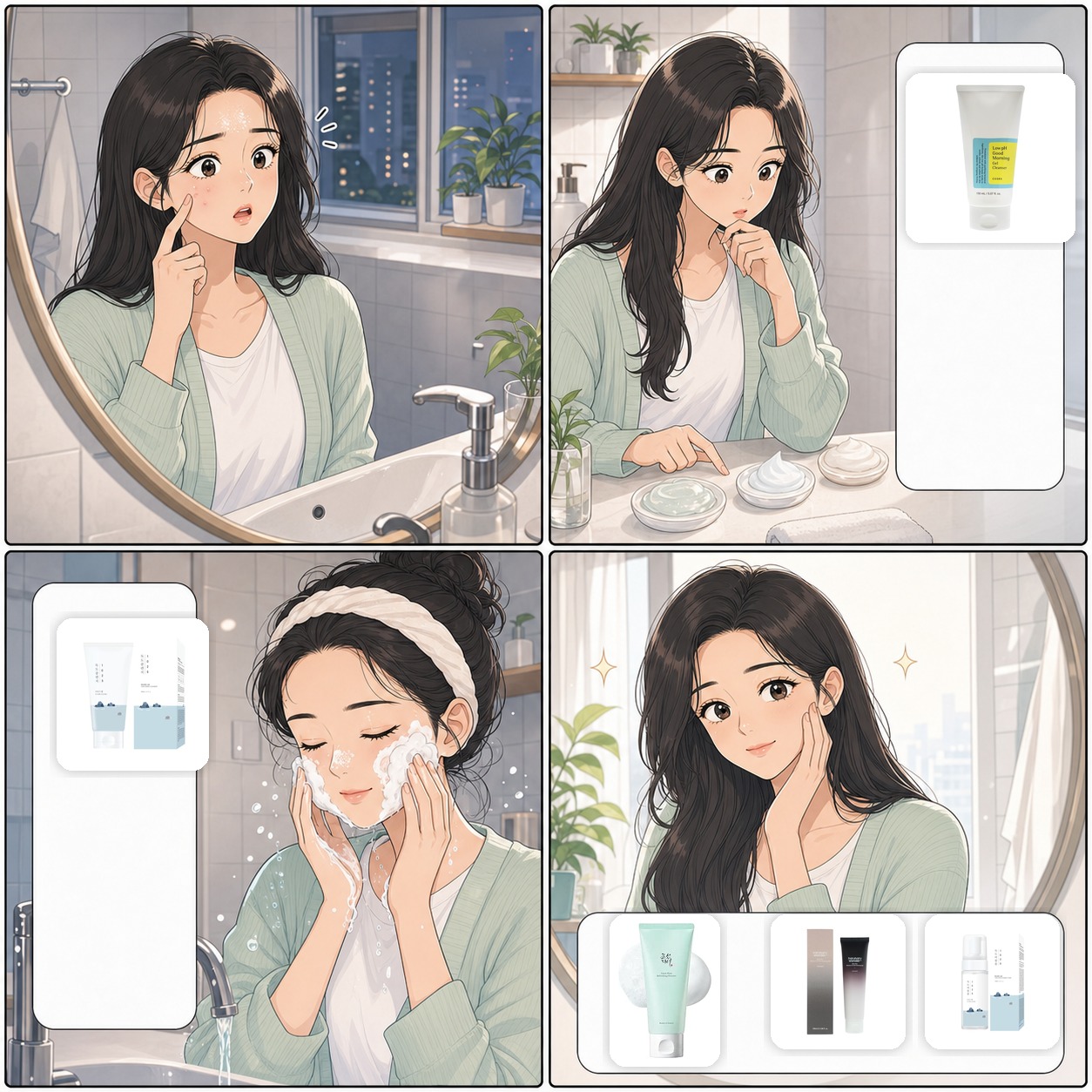Webtoon comic of a Korean woman choosing the best Korean cleanser for acne-prone skin on Amazon with COSRX, Round Lab, Beauty of Joseon, and Haruharu product images