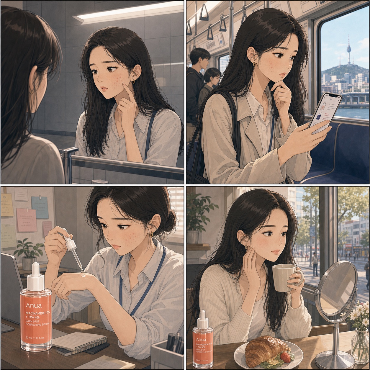 Minji testing Anua Niacinamide TXA Serum for post-acne marks in Seoul office lighting