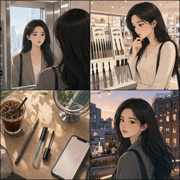 Minji comparing Korean brow pencils and brow gels in Seoul webtoon