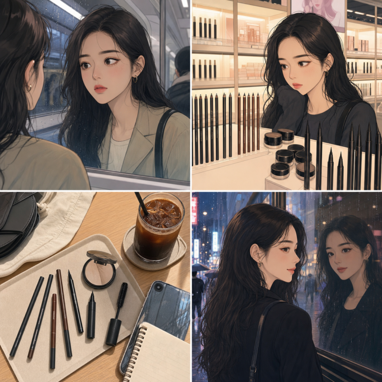 Minji comparing Korean eyeliners for oily lids through a rainy Seoul day webtoon