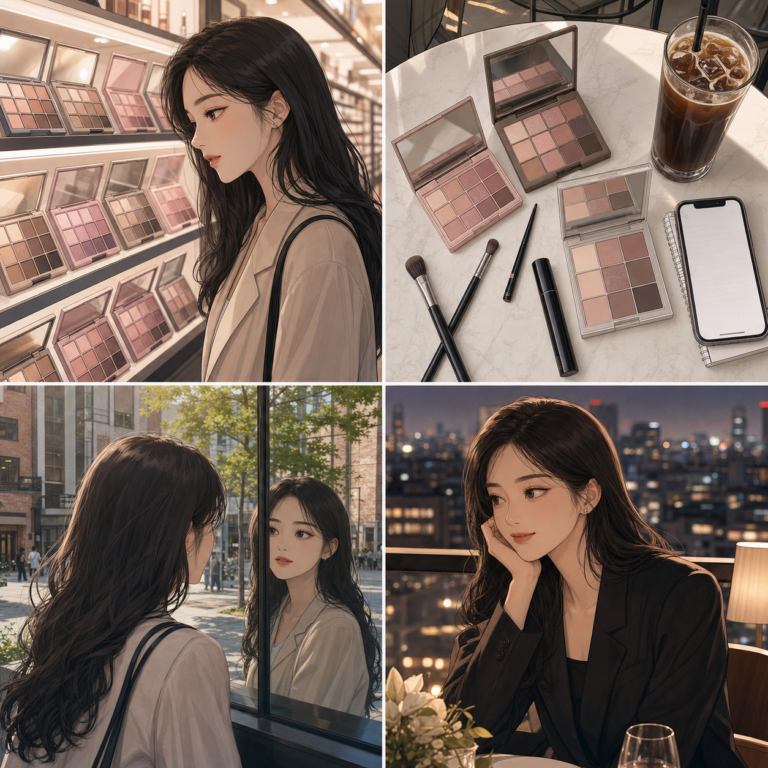 Minji comparing Korean eyeshadow palettes from beauty shelf to Seoul dinner webtoon