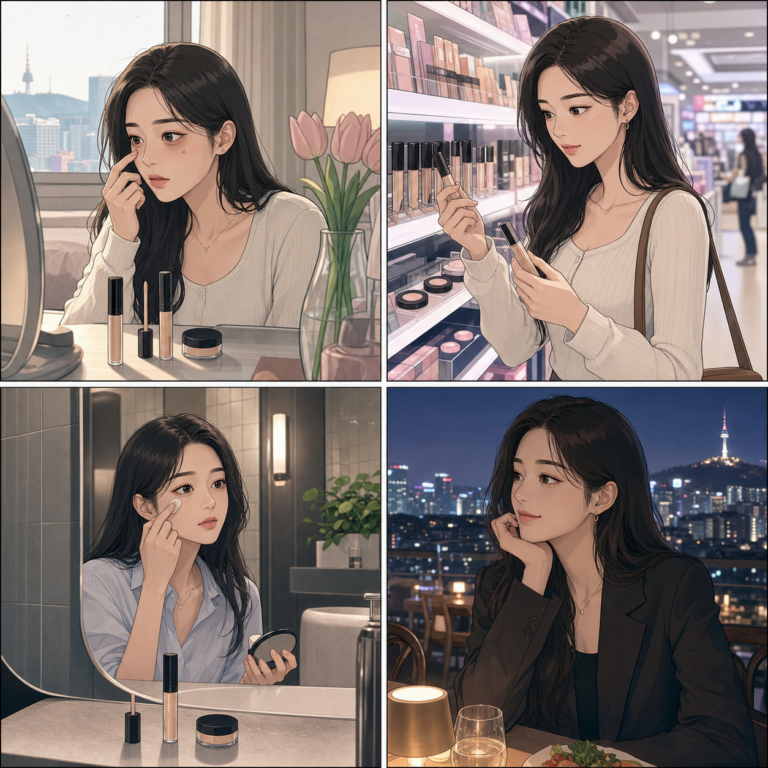 Minji comparing Korean concealers for dark circles redness and acne marks in Seoul webtoon