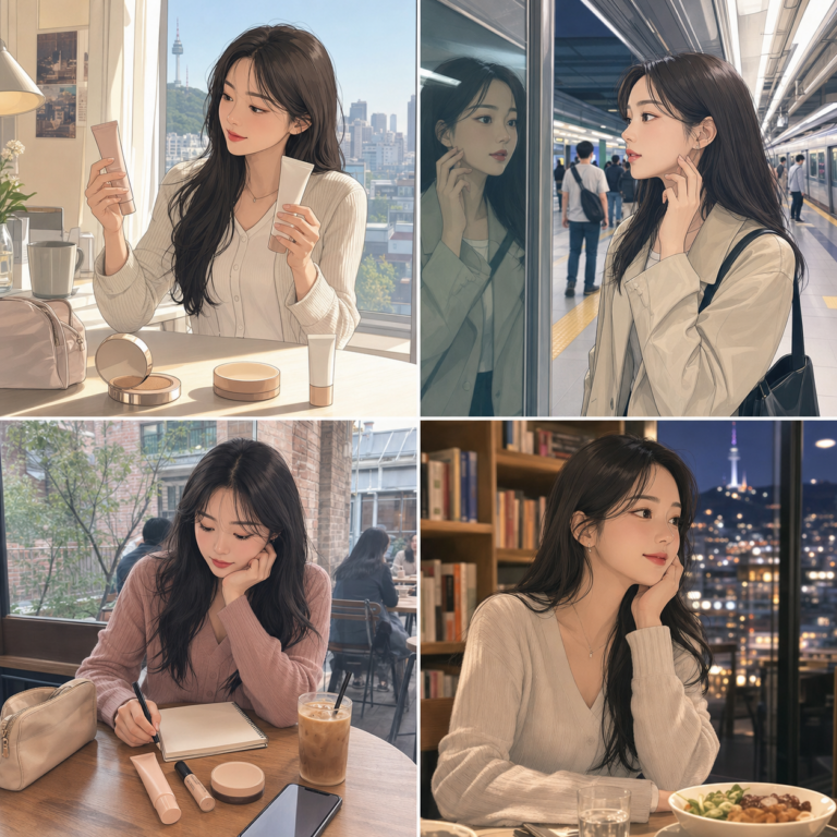 Minji testing Korean BB creams for natural coverage in Seoul webtoon