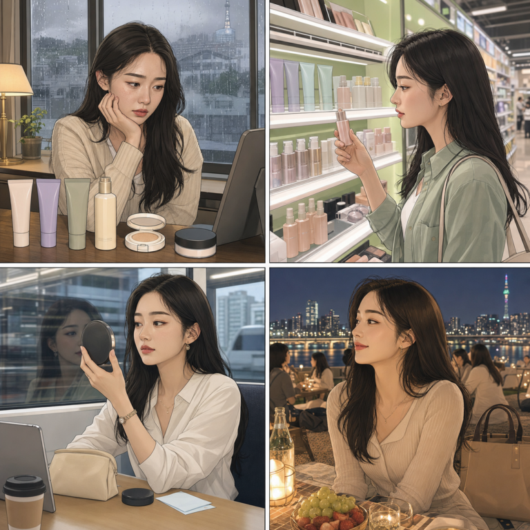Minji testing Korean primers for pores glow and makeup grip in Seoul webtoon